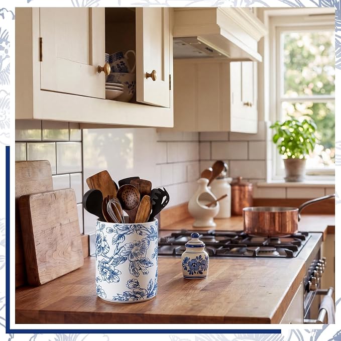 Suclain Blue Floral Ceramic Utensil Holder 6.3 Inch Chinoiserie Vintage Kitchen Crock Blue and White Floral Countertop Storage Organizer for Spatulas and Spoons Home Cooking Unique Gift Idea