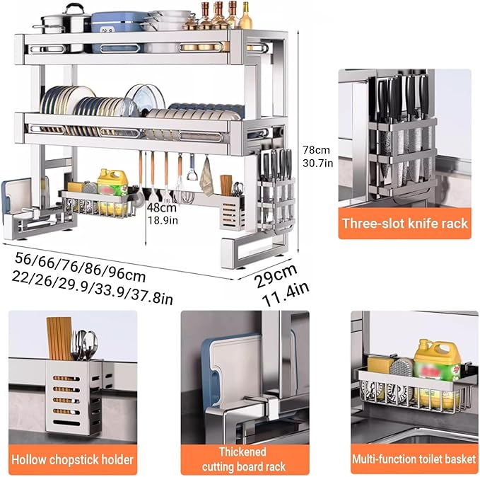 Over The Sink Dish Drying Rack 2 Tier 304 Stainless Steel Multiple Kitchen Dishware Storage Counter Organization Space-Saving with Suction Cup for Plates Bowl(56cm/22in)