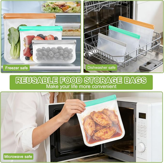 12 Pack Silicone Bags for Food Storage,Reusable Silicone Food Storage Bags,Freezer, Microwave & Dishwasher Safe,Reusable Freezer Food Bags, Leakproof-4 Gallon 4 Snack 4 Sandwich Bags,Blue