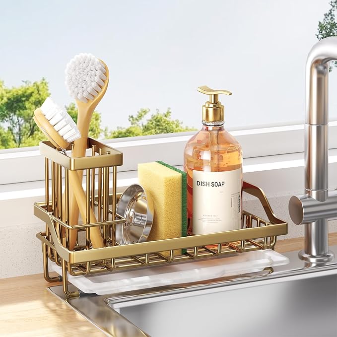 Consumest Sink Caddy, Kitchen Sponge Holder with Dish Brush Holder, Kitchen Sink Organizer with Drip Tray for Countertop, Stainless Steel Rustproof - Gold