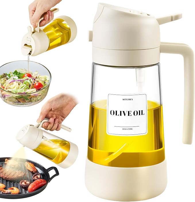 PARACITY Oil Dipenser Bottle with Silicone Bottom, 2 in 1 Olive Oil Sprayer and Dispenser, Oil Spray Bottle 500ML/ 17OZ for Cooking, Kitchen, BBQ, Air Fryer, Salad, Baking(1PC White)