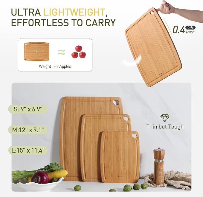 Lightweight Durable Bamboo Cutting Board Set with Non-Slip Feet, Wood Cutting Board for Busy Kitchen, Easy Clean Wooden Chopping Boards with Juice Groove Best House Warming Gift Set of 3 (S+M+L)