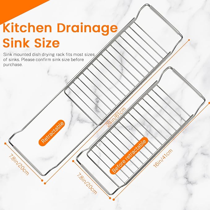 Expandable Over The Sink Dish Drainer Drying Rack, Stainless Steel Telescopic Sink Storage Rack, Kitchen Sink Caddy Organizer Sponge Holder