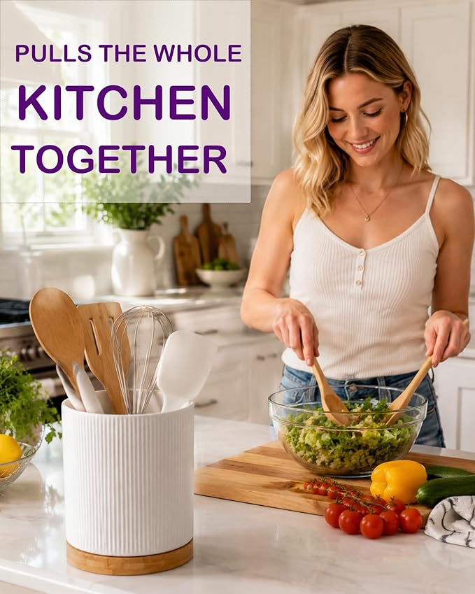 Utensil Holder 360°Rotating for Kitchen Countertop, 7.9'' Ceramic Large Cooking Utensil Crock with wododen for Counter Decor,Morden Utensil Organizer for Spatula, Cream White
