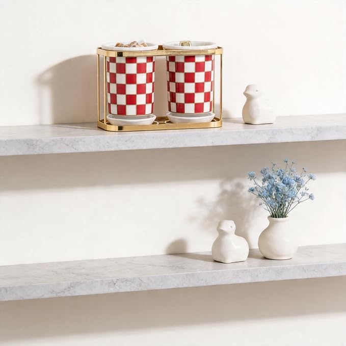 Ceramic Checkered Utensil Crocks with Gold Metal Rack, Black & White Grid Kitchen Utensil Storage, Farmhouse Kitchen Decor, Flatware Organizer & Home Accessory (Red)