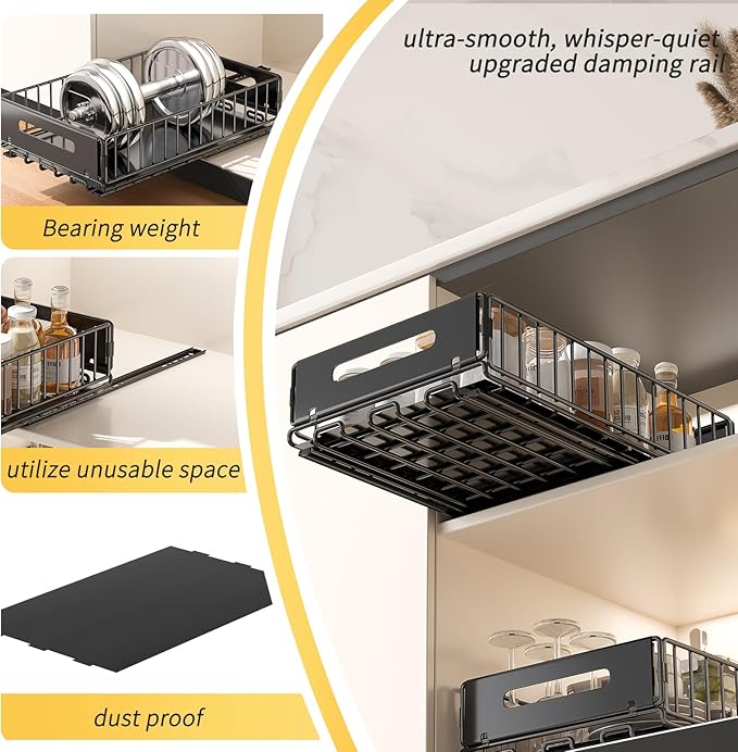 PureBox Pull Out Cabinet Organizer, Slide Out drawers for cabinets, Heavy Duty Carbon Steel Roll Out Shelves for kitchen, bathroom, pantry (14.7’’-23.1’’ Slide, Adhesive & Screw), 1 Pack, Black