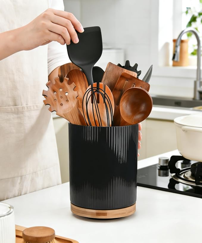 Extra Large Ceramic Utensil Crock for Kitchen Counter, 360° Rotating Utensil Holder Organizer Wide Mouth, No-Tip, Farmhouse Decor (Black)