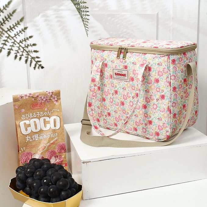 Insulated Cooler Tote Bag for Girls Adult Women, Waterproof Lunch Box Organizer for Office Work School Picnic Beach BBQ party-Pink Floral