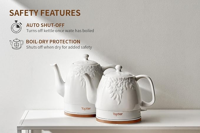 Toptier Electric Ceramic Tea Kettle, Boil Water Quickly and Easily, Detachable Swivel Base & Boil Dry Protection, Carefree Auto Shut Off, 1.5 L, White
