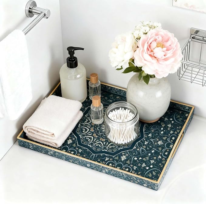 Plastic Serving Tray with Handles,Large Ottoman Tray for Living Room,Large Rectangle Trays for Ottoman Coffee Table,Decorative Blue Boho Serving Trays for Home Decor,16" x 12"