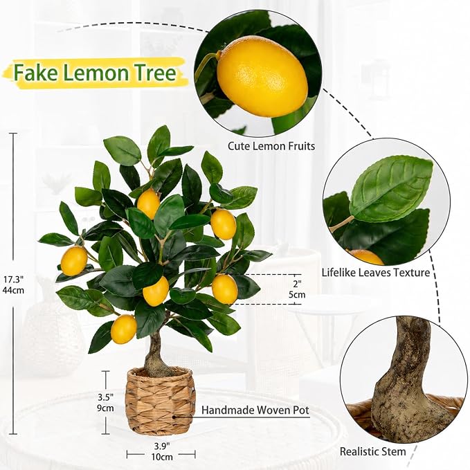 Oairse Artificial Potted Plants 17.3 inches Small Fake Lemon Tree Artificial Lemons Citrus Tree with Woven Pot Faux Plants Indoor Lemon Decorations for Home,Office, Living Room Table, Desk