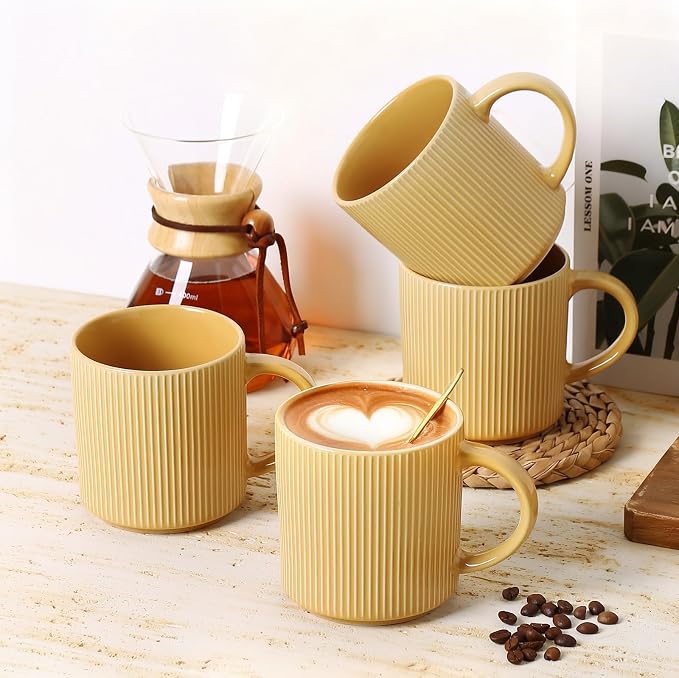MONITO 16Oz Coffee Mugs Set of 4, Rustic Ceramic Coffee Cups Set with Large Handle, Vintage Striped Stoneware Coffee Mugs for Latte, Cocoa, Tea, Milk, Microwave & Dishwasher Safe, Lemon Yellow
