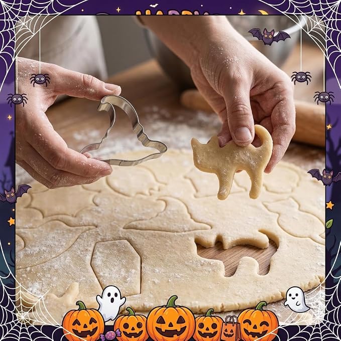 Halloween Cookie Cutters Set, HUINF 12Pcs Stainless Steel Cookie Cutters - Bat, Ghost, Pumpkin, Cat, Spider, Spider Web, Coffin, Witch's Hat, Skull, Tombstone Shapes for Halloween Baking