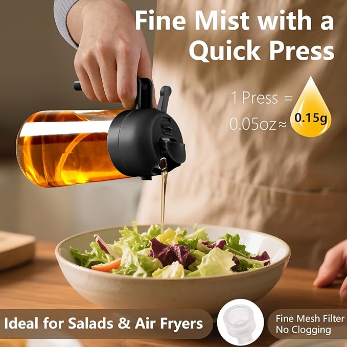 SWEET VIEW Olive Oil Sprayer for Cooking, 16oz/470ml Glass Oil Dispenser/Pour Bottle, Kitchen Accessories, Kitchen Gadgets for Air Fryer, Salad, BBQ, with Stickers (Black)