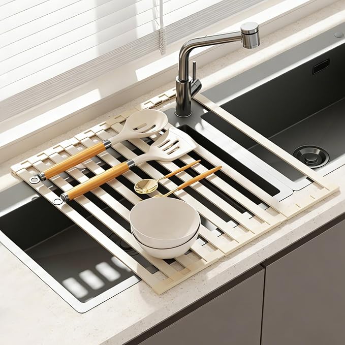 Foldable Over Sink Dish Drying Rack, Extra Wide & Thick Rust-Proof Aluminum Sink Cover for Counter Space, Collapsible Dish Drying Rack Fits Most Kitchen Sinks (White, 13.8“x13.6)