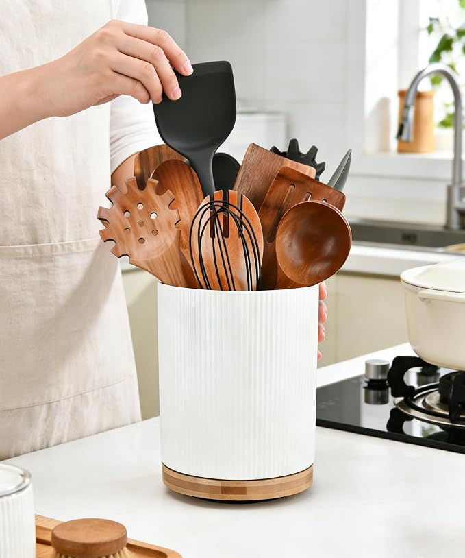 Extra Large Ceramic Utensil Crock 360° Rotating for Kitchen Counter, Weighted Utensil Holder Organizer, Wide Mouth, No-Tip, Farmhouse Decor (White)