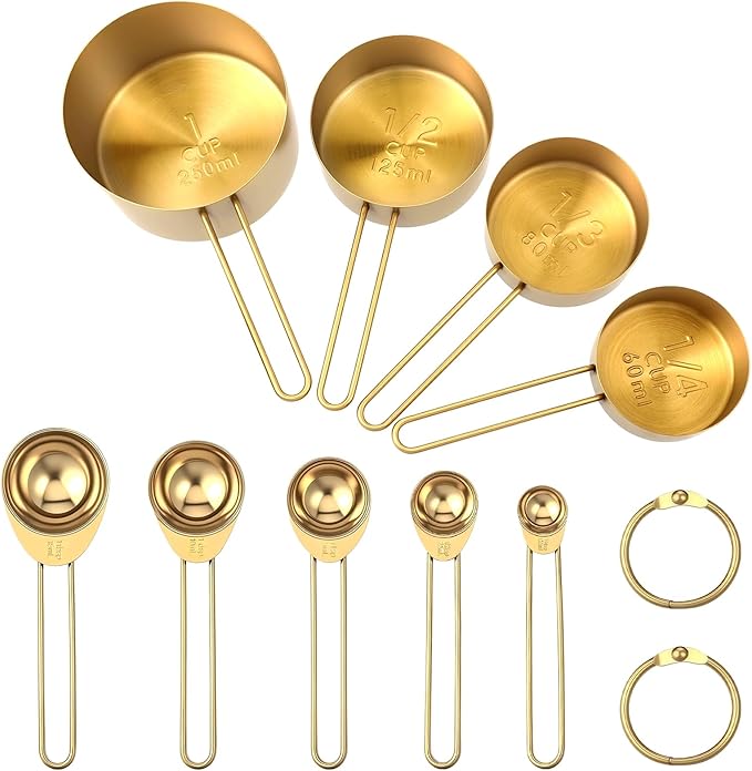 Giantree 9PCS Stainless Steel Gold Measuring Cups And Spoons Set, Metal Stackable & Long Handle Measuring Cups Measuring Spoons Set Durable Rust-Proof for Kitchen Baking Cooking