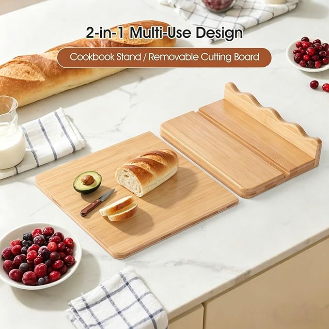 Scalloped Wooden Cookbook Stand with Removable Cutting Board – Adjustable Recipe Book Holder, Charcuterie Board & Kitchen Serving Tray – Kitchen Counte Decor/Bamboo