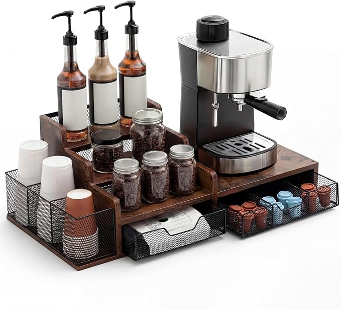 Potchen Wood Coffee Station Organizer Coffee Bar Organizer with 3 Tier Sliding Pods Storage Drawer Compatible with K Cup Storage Holder for Countertop Bar Accessories