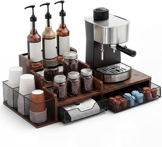 Potchen Wood Coffee Station Organizer Coffee Bar Organizer with 3 Tier Sliding Pods Storage Drawer Compatible with K Cup Storage Holder for Countertop Bar Accessories