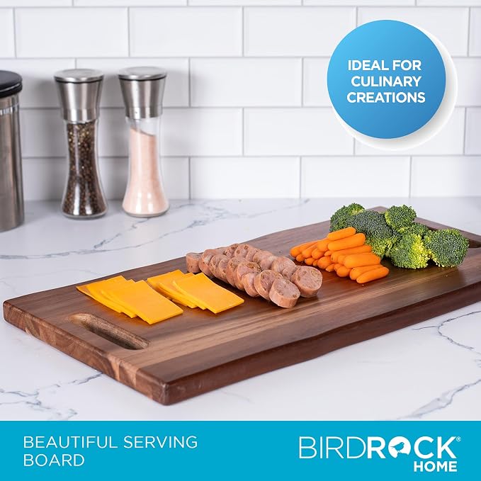 BIRDROCK HOME Acacia Wooden Cheese & Charcuterie Board with Handles 22" | Rectangular Food Platter for Bread, Meat, or Appetizers | Natural Wood Serving Tray Cutting Board for Kitchen & Outdoor Use