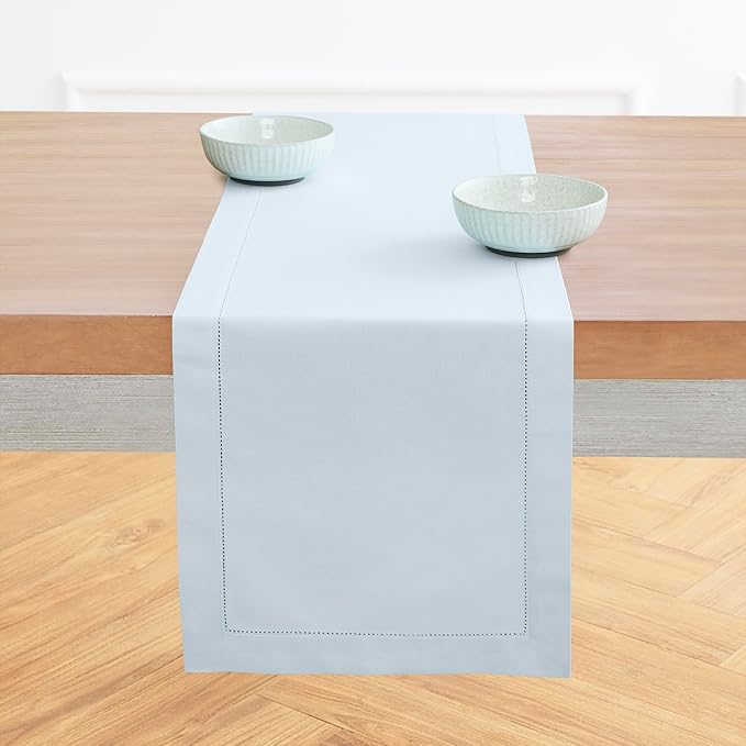 Solino Home Table Runner 108 Inches Long - Cotton Linen Hemstitch Light Blue Table Runner 14 x 108 Inch for Spring, Summer