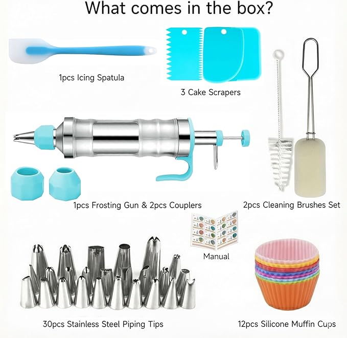 Dessert Decorating Syringe Set, Icing Piping Kit Stainless Steels Cake Decorating Tools 30 Piping Icing Nozzles Cupcake Decorating Kit - Blue