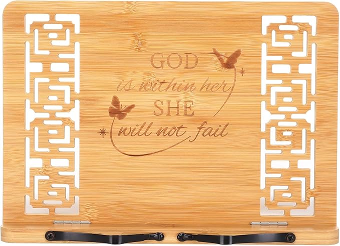 MEGREZ Book Stand for Reading (13.2 x 9.4 inch) Bamboo Cookbook Stand Holder for Kitchen, Adjustable Book Holder Stand for Tablet/Textbook Holder/Hollow Bookrest Stand, God is Within her