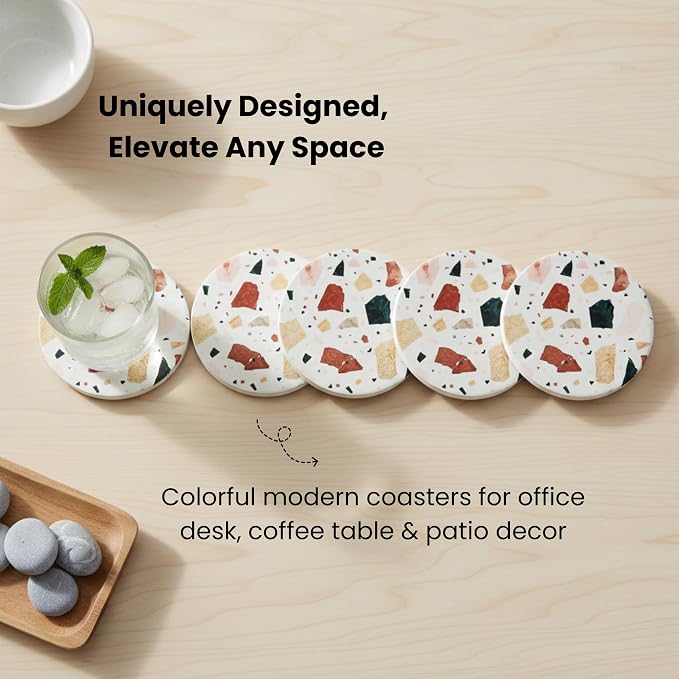 Terrazzo Coasters Set of 6, Ceramic Absorbent Drink Coasters, Cute Mid Century Boho Coaster, Coffee Table Desk Decor, Colorful Stone Coaster for Drinks