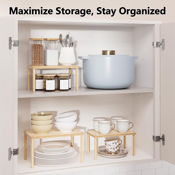 HYPIGO Cabinet Storage Organizer Shelf, Set of 3 Kitchen Cabinet Shelves, Stackable Cabinet Risers, Spice Rack Organizer for Countertop, Under Sink, Bathroom, Pantry Organization with Non-Slip Mat