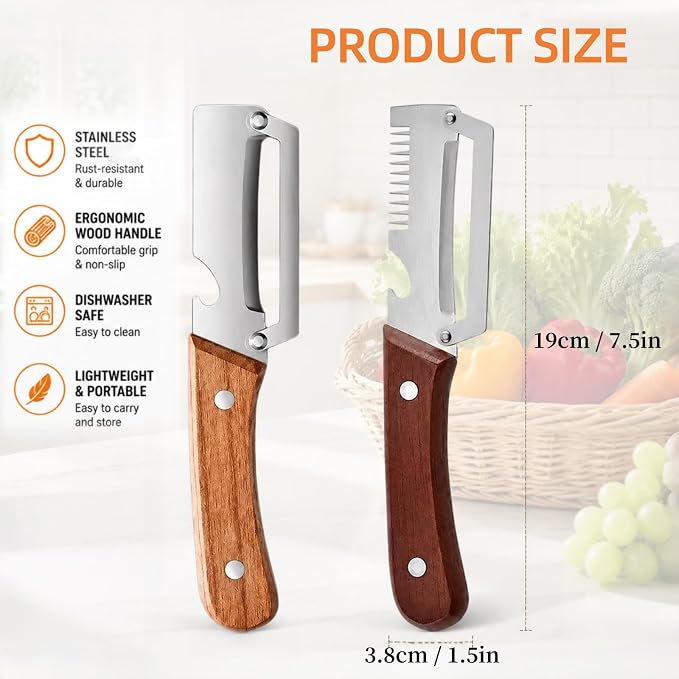 3-in-1 Vegetable Peeler with Scallion Shredder & Bottle Opener – Wide Stainless Steel Blade, Wooden Handle Julienne Cutter, Multi-Functional Kitchen Gadget for Home, Camping, Travel