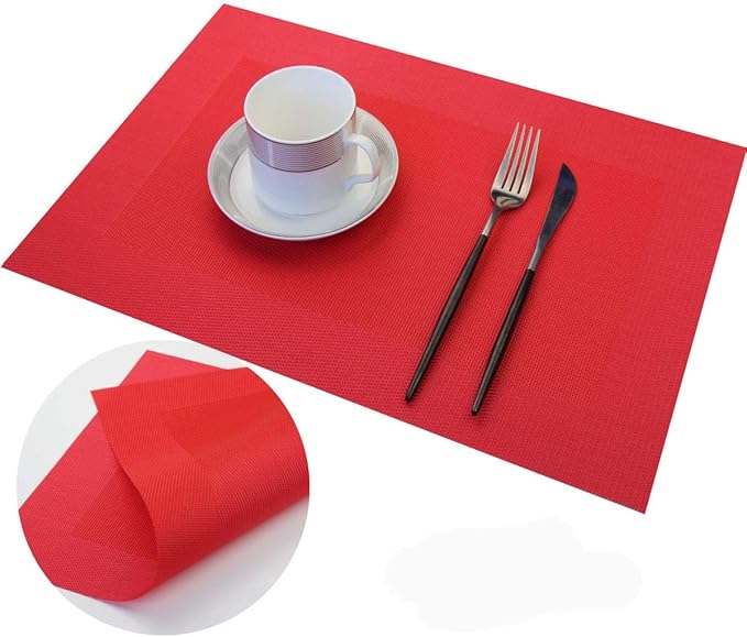 Vinyl Placemats Heat-Resistant Table Mats Washable Easy Clean Plastic Placemats for Dining Table Set of 4 (Red)