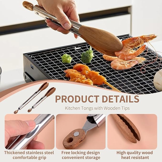 Walnut Wooden Kitchen Cooking Tongs with Hanging Hole and Wooden Tips, Heat Resistant, Anti-Slip, for Serving Food, Grilling, Cooking, BBQ and Tossing Salad, Stainless Steel, 12 Inch
