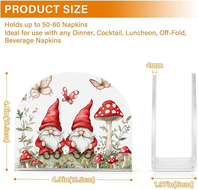 Fustylead Cute Red Gnomes with Mushroom Butterflies Napkin Holder for Table Acrylic Cocktail Napkin Holders Small Decorative Napkin Dispenser for Home Party Holiday Dining Kitchen Accessories