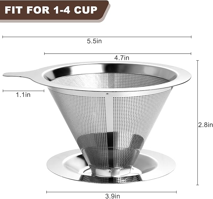 ANNMEXX Upgraded Pour Over Coffee Filter, Coffee Dripper, Paperless Mess Stainless Steel Coffee Filter, Maker One to Two Cup, Keeping Nature Coffee Flavour, Easy to Use and Clean (Large)