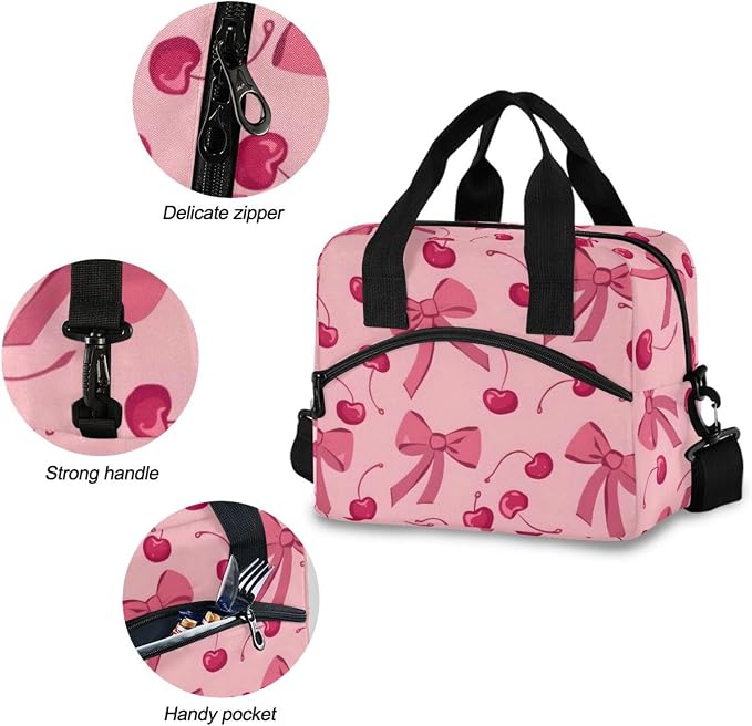 ALAZA Bow Cherry Pink Insulated Lunch Bag for Women Reusable Lunch BoxCooler Tote Bag with Shoulder Strap Men Picnic School Lunchbox