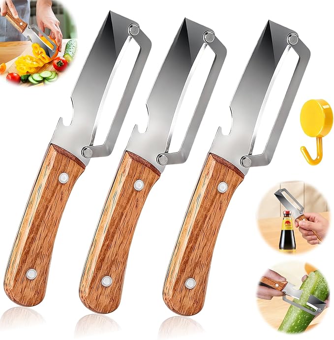 3pcs 2 In 1 Multi-Functional Vegetable Peeler With Bottle Opener, Stainless Steel Kitchen Tool With Wooden Handle, Premium Vegetable Peeler Suitable For Potatoes, Apples, Pineapples, Mangoes Cucumber