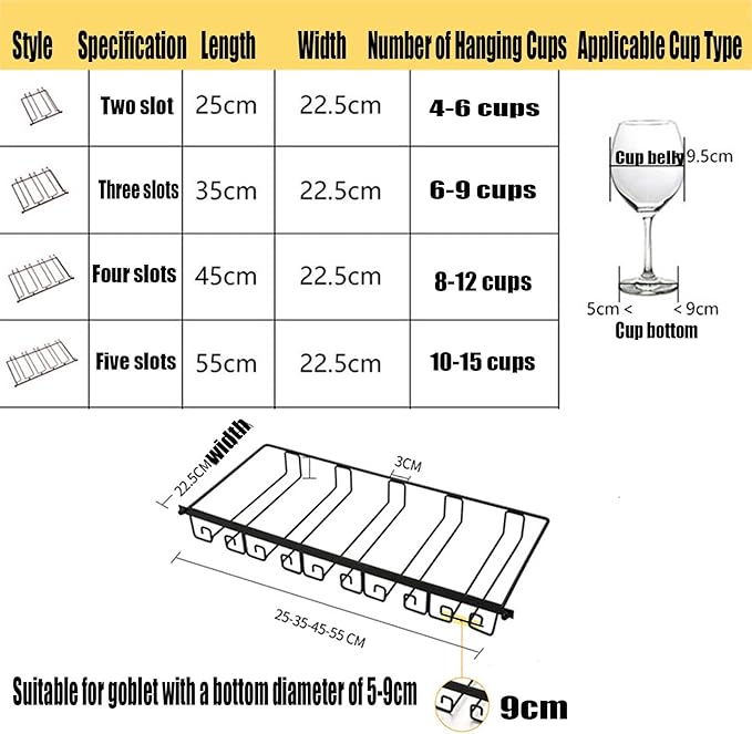 Hanging Wine Glass Rack Black Adjustable, Solid Iron Wine Glasses Hanger, Metal Under Cabinet Stemware Rack 3 Rows, 4 Rows, Convenient Storage And Space-saving