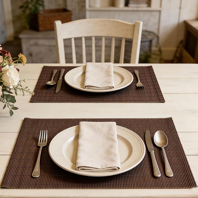 4-Pack Bamboo Placemats,Woven Heat-Resistant Rectangular Table Mats, Natural Rectangular Dining Place Mats, Rustic Japanese Style Plate Mats for Indoor Dining, Kitchen and Party Use(Chocolate