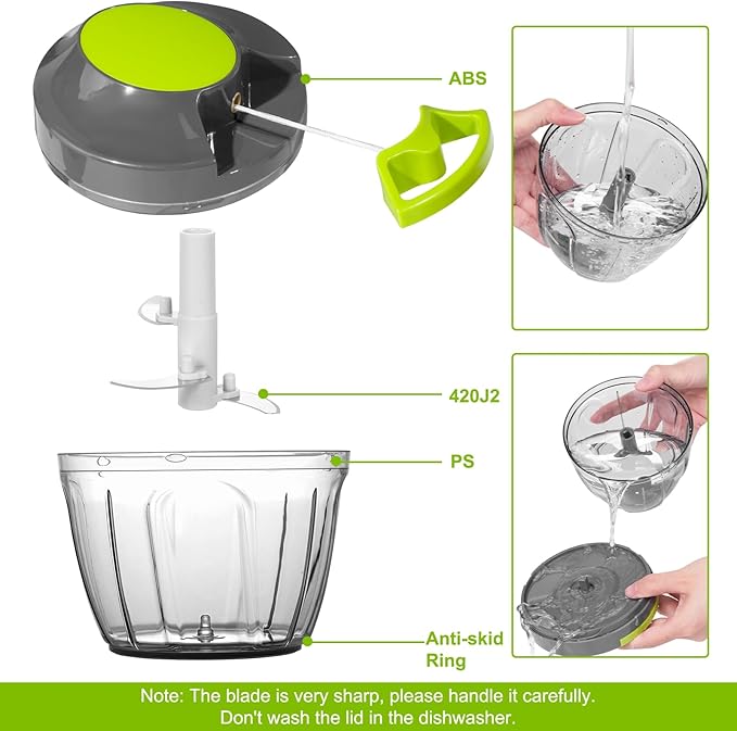 Manual Food Processor Vegetable Chopper, Portable Hand Pull String Garlic Mincer Onion Cutter for Veggies, Ginger, Fruits, Nuts, Herbs, etc., 650ml-Gray