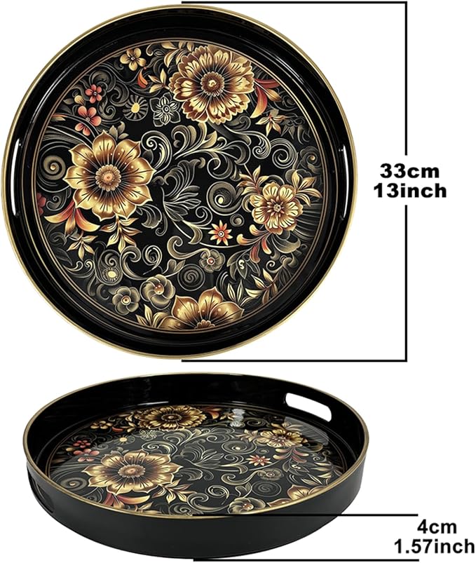 Plastic Coffee Trays,Serving Tray,Bohemian Round Tray,13" Dx 1.57" H,Lightweight and Non-Slip with Handles,Perfect for Restaurants,Cafés,and Home Use (Round)