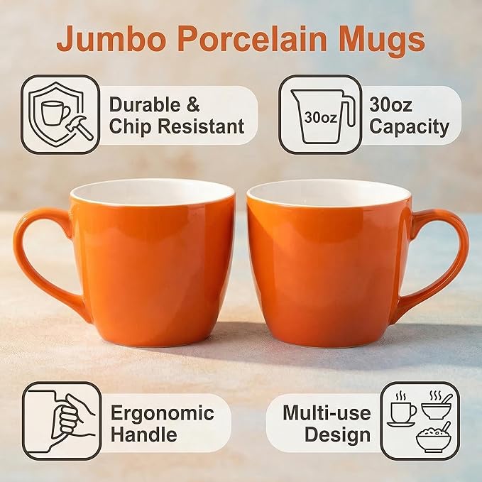 MECOWON 30 OZ Porcelain Coffee Mugs, Set of 2 Large Mugs for Soup, Cereal and Salad (Orange)