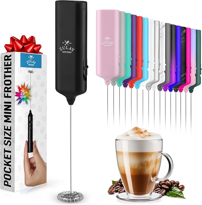Zulay Kitchen Mini & Mighty Milk Frother Wand – Powerful Handheld Coffee Frother, Battery Operated Drink Mixer – Compact Pocket Size – Detachable Whisk for Latte, Matcha, Hot Chocolate – Black