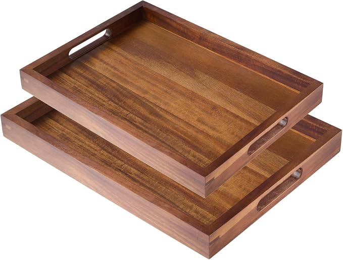 Acacia Wood Serving Trays Set of 2, 17x13 & 16x12 inch Rectangular Ottoman Trays, Decorative Wooden Trays with Handles for Food, Coffee, Tea, Living Room, Kitchen(2 Pack, Brown, 17"+16")