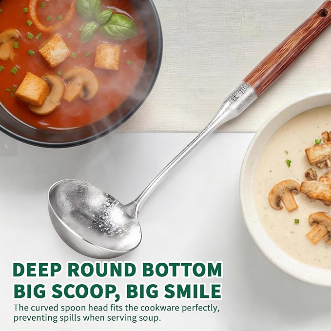 Newness Soup Ladle, [Rustproof, Heat Resistance] Resilient Pure Titanium Soup Spoon with Long Ergonomic Natural Wooden Round Handle, Non-Toxic Cooking Spoon for Kitchen, 14.56 Inches