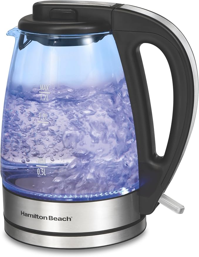 Hamilton Beach 1.7L Electric Kettle, Water Boiler & Heater, LED Indicator, Built-In Mesh Filter, Auto-Shutoff & Boil-Dry Protection, Cordless Serving, Clear Glass (40864)