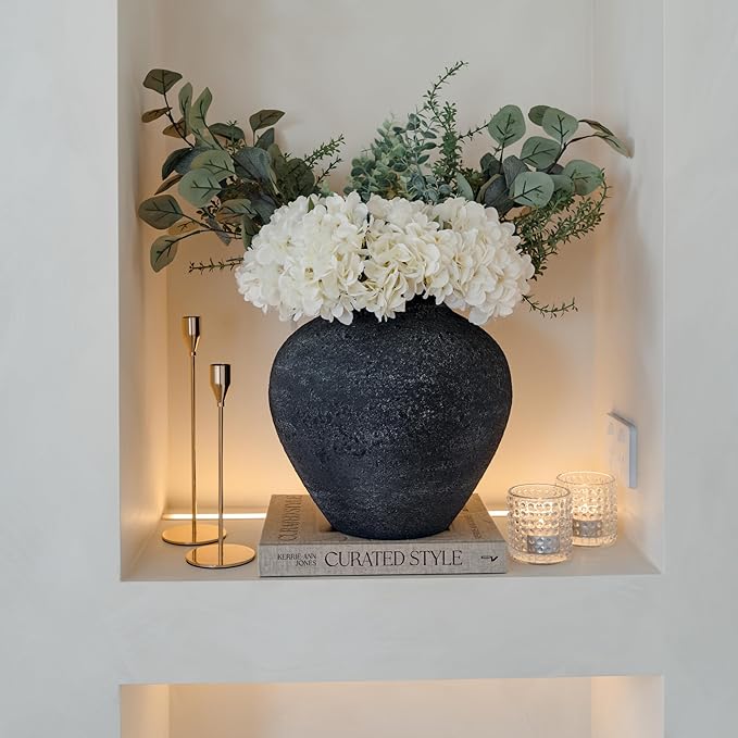 Silk Serenade White Hydrangea Faux Flower Arrangements with Eucalyptus & Greenery for Home Decor, 5 Heads and 8 Green Fake Flores Long Tall Artificial Stems Floral Kitchen Living Dining Centerpieces