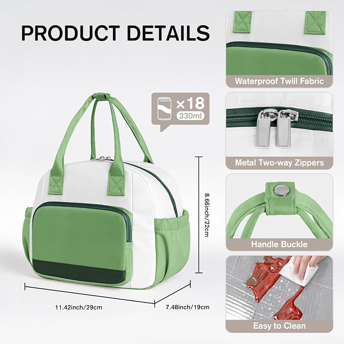 Stylish Color-blocked Lunch Bag for Women, Leakproof Lunch Box for Adult Girls, Large Capacity Reusable Lunch Box for Work Picnic Travel (Green with Off White)