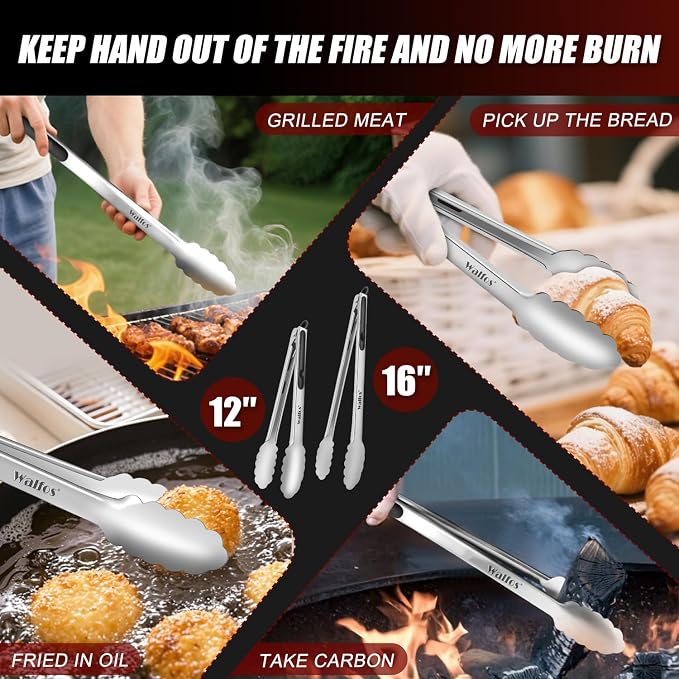 Walfos Extra Long Grill Tongs - Heavy Duty Metal Tongs - 16 & 12 inch Great for Grilling,BBQ/Barbecue,Cooking - Stainless Steel and Non-Slip Heat Resistant Silicone Handle (Set of 2)