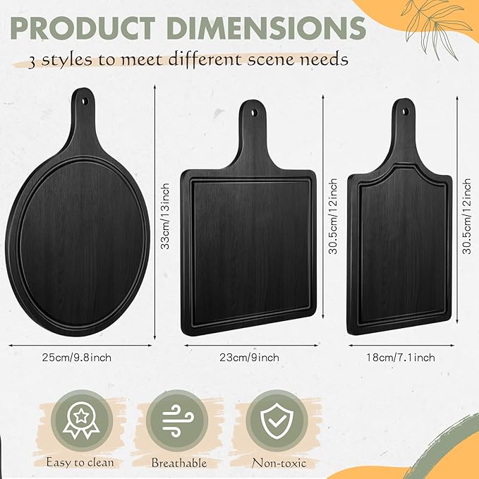 Geetery 3 Packs 12 Inch Black Wood Chopping Boards with Handle and Deep Juice Groove Small Bamboo Wooden Pizza Paddle Serving Boards Tray Charcuterie Plank Chopping for Cheese Steak Bread